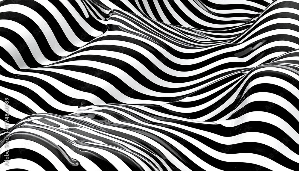 Fototapeta premium Black-and-white wavy stripe pattern creating an optical illusion of depth and movement—evoking visual tension and abstract dynamism.