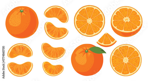 A vibrant collection of fresh oranges, featuring whole fruits, perfectly cut halves, and juicy segments ready for a healthy snack or beverage.