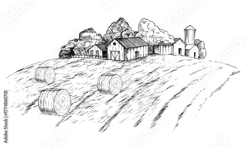 Farm and field with haystacks. Vector ink styled handmade illustration. For packaging design, cards, cover, prints, product labels and fabric.