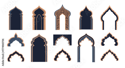 Set of elegant Islamic and Moroccan arch designs featuring diverse shapes, intricate patterns, and rich color palettes, ideal for decorative and architectural concepts.