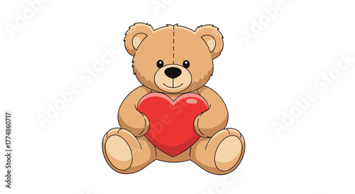 A cute, cuddly brown cartoon teddy bear is sitting and holding a bright red heart, symbolizing love, affection, and warmth, against a clean white background.