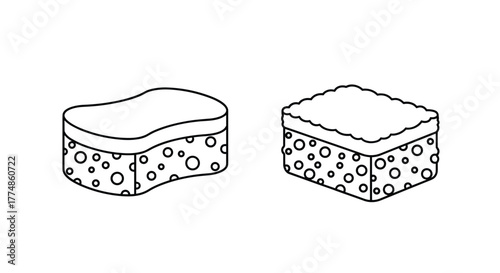 Two distinct black and white line art illustrations of household cleaning sponges, one with a wavy top and the other rectangular with a textured top on a white background.