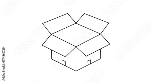 A simple, clean line art illustration presents an empty, open cardboard box, ready for packing or unpacking, depicted with an isometric view on a white background.