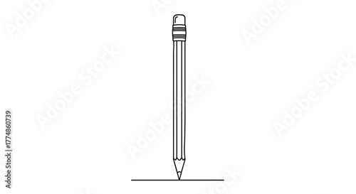 Minimalist black outline drawing of a classic wooden pencil with an eraser, standing vertically on its sharpened tip and drawing a single horizontal line.