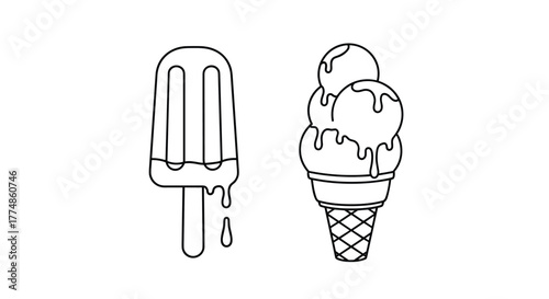 Black and white line art illustration of a delicious, melting popsicle and an ice cream cone with multiple scoops and dripping topping, perfect for summer.