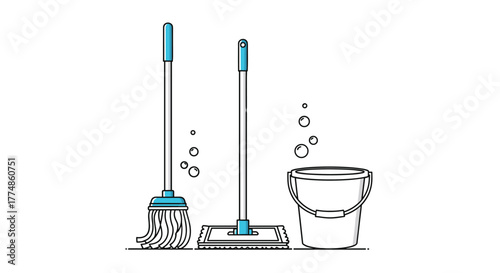 An illustration featuring essential cleaning tools including a string mop, a flat mop, and a bucket, with bubbles suggesting a fresh and clean environment.