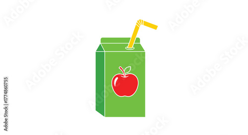 A cheerful green apple juice box with a red apple graphic and a bent yellow straw, standing on a crisp white background, symbolizing a refreshing and healthy drink choice.