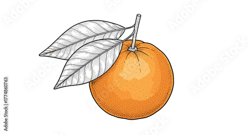 Vivid illustration of a fresh orange fruit on a branch with two detailed leaves, showcasing a classic engraving style with stippling and line shading.