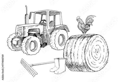 Tractor and the rooster on a haystack, boots and rake. Vector ink styled handmade illustration. For packaging design, cards, cover, prints, product labels and fabric.