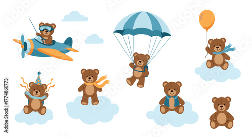 Cute cartoon teddy bears having adventures in the sky, flying planes, parachuting, and celebrating among the clouds with balloons and party hats.