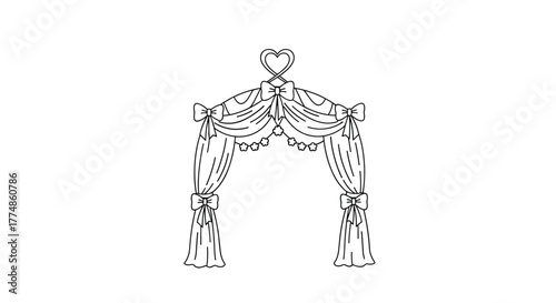 A romantic line art illustration of a decorative wedding archway adorned with elegant drapes, charming bows, and a prominent heart motif, perfect for celebrations.