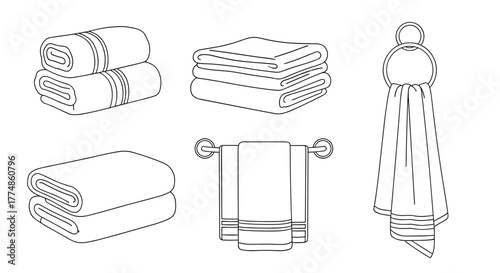 Line art illustration featuring different types of towels in various configurations, such as neatly folded, rolled, and hanging on racks and rings.