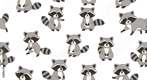 Seamless pattern of cute cartoon raccoons with masked faces and striped tails in various playful poses, ideal for textile, digital, or children's designs.