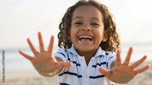 Happy child reaching towards the camera with open hands on a sunny beach
