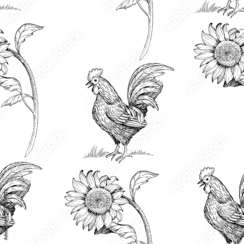 Seamless pattern of sunflower and rooster. Vector ink styled handmade illustration. For packaging design, cards, cover, prints, product labels and fabric.