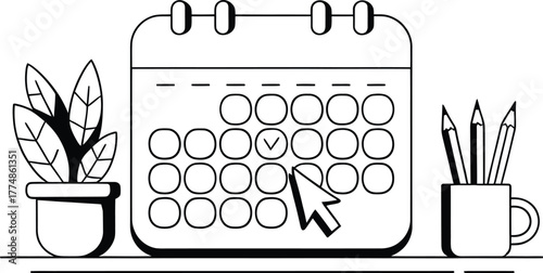 Calendar with cursor selecting a date and office supplies on a desk
