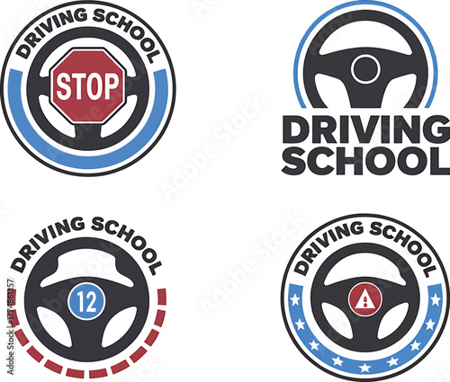 Collection of four circular driving school logos with steering wheels and traffic signs