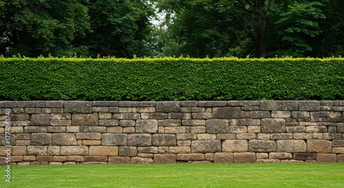 Ancient stone blocks form a sturdy retaining wall supporting a vibrant, well-maintained green hedge structure in an outdoor garden setting, separation, division, growth