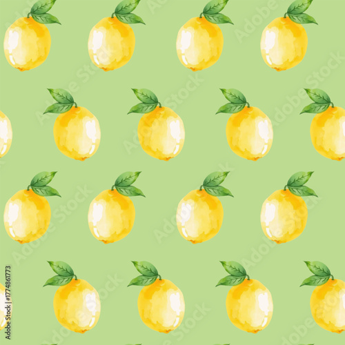 Pattern watercolor lemon fruits, leaves, citrus, soft yellow and green tones, hand drawn, isolated on white. Vector