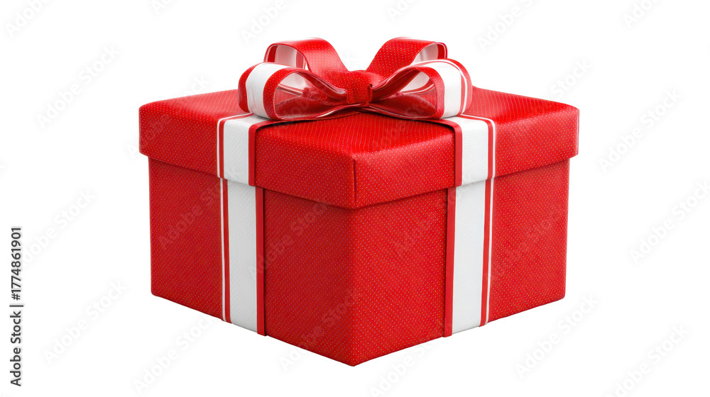Obraz premium Red gift box presenting holiday surprise, a wrapped present with white ribbon bow on transparent background, celebrating special occasion and event with festive decoration