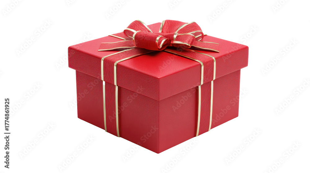 Fototapeta premium Red gift box wrapped with gold ribbon and bow, illustrating themes of celebration, holidays, birthday, christmas, and surprise, isolated on a transparent background