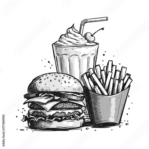 Fast food, Burger, juice, fried black and white sketch icon logo flat vector design