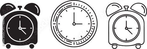 Collection of three clock icons in black and white: a solid alarm clock, a detailed analog wall clock outline, and an outlined twin-bell alarm clock, representing time, schedule, and deadlines