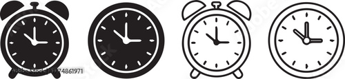 Set of four time icons including classic analog alarm clock and simple circle clock faces in both filled solid black silhouette and outline line art vector style design isolated on white background