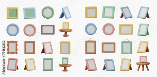 Set of diverse empty photo frames in a variety of colors, shapes, and display options.