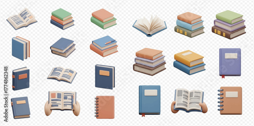 A collection of 3D rendered books, notebooks, and reading materials in various colors and arrangements, including stacks, open books, and single volumes.