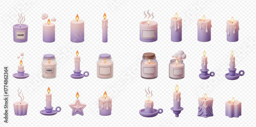 A diverse collection of lit purple and pink candles in various shapes, sizes, and styles, including pillar, taper, and jar candles, some with smoke and dripping wax.
