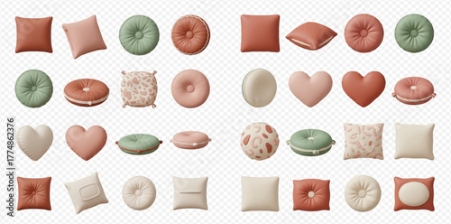 A large collection of various decorative pillows and cushions in different shapes, colors, and textures, isolated on a transparent background.