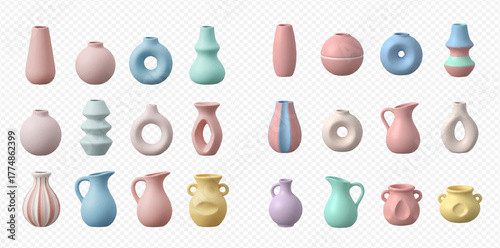 A collection of pastel-colored ceramic vases and pitchers with various modern and abstract shapes on a transparent background.
