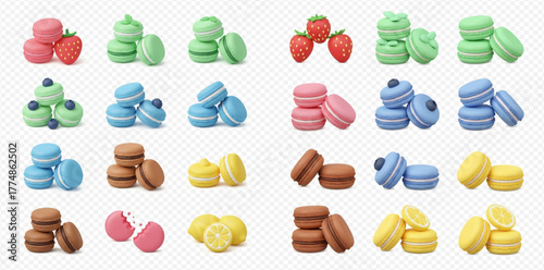 A vibrant collection of colorful macarons in various flavors and arrangements, including pink, green, blue, brown, and yellow, some with fruit toppings.