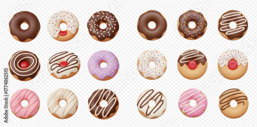 A vibrant collection of eighteen delicious, colorful, and decorated donuts with various glazes and toppings, isolated on a transparent background.