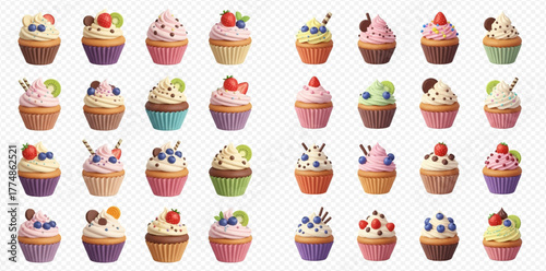 A delightful assortment of colorful cupcakes with various fruit and sprinkle toppings, presented in a clean, illustrative style.