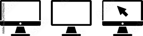 Three computer monitors showing a blank screen and a cursor