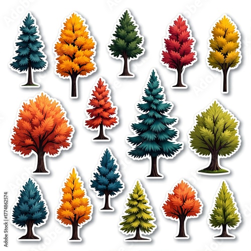 A set of stickers of various trees on a white background.