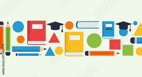 Colorful Educational Elements: Books Pencils and Graduation Caps.