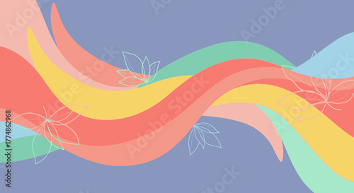 Abstract colorful wavy lines and floral elements.