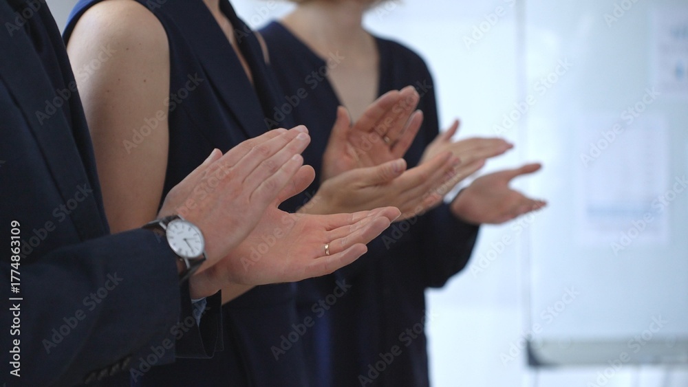 Obraz premium Business people hands clapping, showing applause and appreciation for success and achievement during a corporate event or conference meeting in office