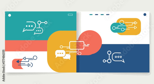 Communication Concepts: Interconnected Speech Bubbles and Data Flow Illustrations.