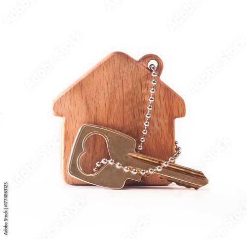 Wooden house keychain with heart-cut key, symbolizing home ownership, love, security, or real estate investment.