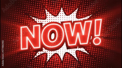 Comic book style now exclamation with red text on white burst over halftone background design