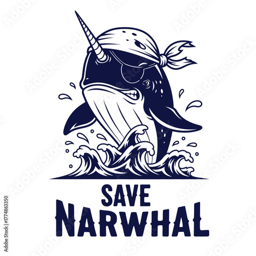 A cartoon narwhal pirate with eyepatch emerging from ocean waves drawing