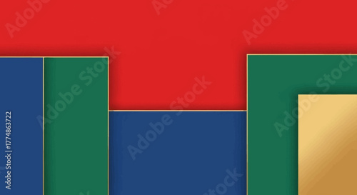 Abstract geometric composition with bold primary colors and metallic accents.