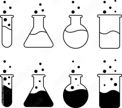 Collection of laboratory glassware with bubbling liquids