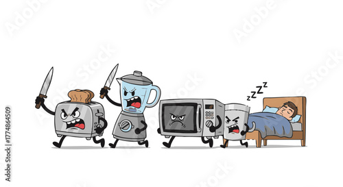 Kitchen appliance rebellion: toaster with knife, blender, microwave, and coffee cup marching angrily toward a sleeping human — chaotic morning mutiny, funny vector art on white background