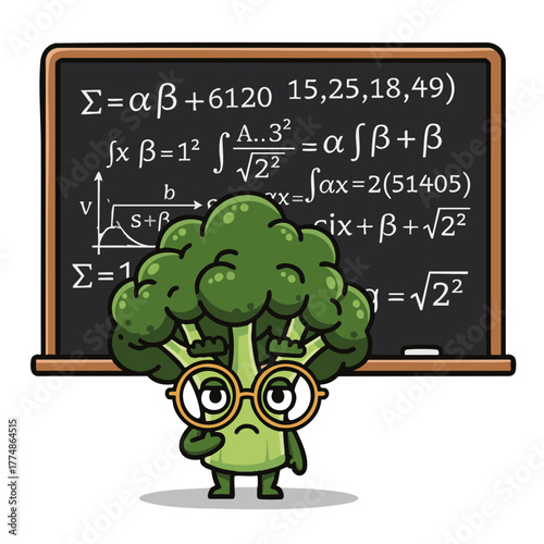 Confused Cartoon Broccoli Professor Solving Complex Math Equations on Chalkboard with Glasses in Classroom – Cute Educational Vegetable Character on White Background