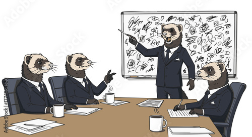 Funny business meeting with four ferrets in suits around a table, one presenting nonsense scribbles on a whiteboard. Corporate chaos in a vector style on white background